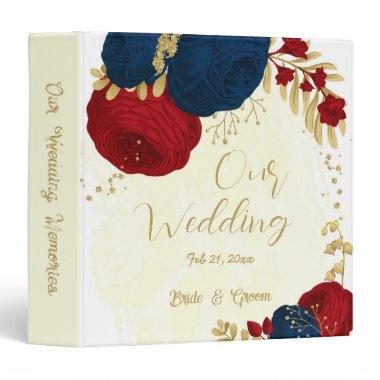 red & navy blue flowers gold leaves wedding album 3 ring binder