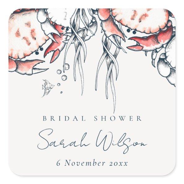 Red Navy Underwater Crab Nautical Bridal Shower Square Sticker