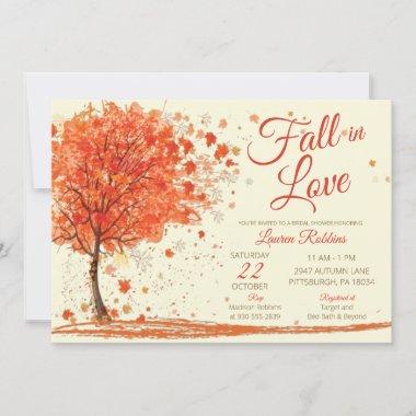 Red Orange Fall in Love Fall Tree Bridal Shower Invitations