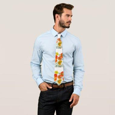 Red Orange Poppy floral Watercolor Flower Mens Tie