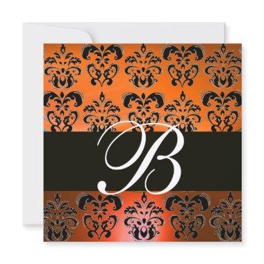 RED ORANGE YELLOW BLACK DAMASK MONOGRAM , white Invitations