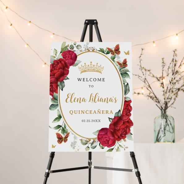 Red Peonies Floral Butterflies Quinceañera Welcome Foam Board