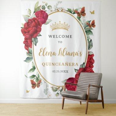 Red Peonies Floral Butterflies Quinceañera Welcome Tapestry