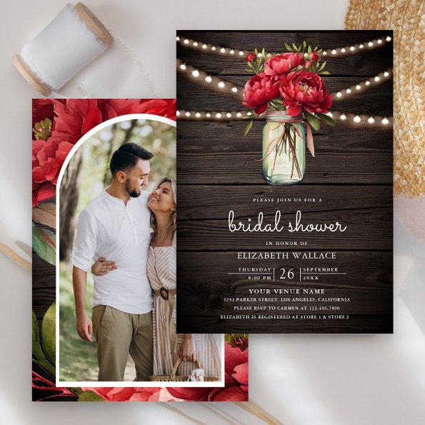 Red Peony Floral Mason Jar Barn Wood