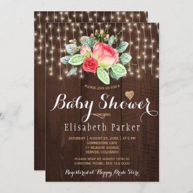 Red Peony Roses on Rustic Barn Wood Baby Shower Invitations