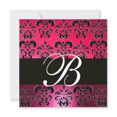 RED PINK BLACK DAMASK MONOGRAM fuchsia white Invitations