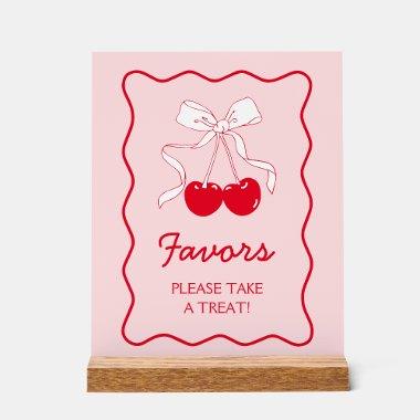 Red Pink Bow Cherry Baby Shower Favor Acrylic Sign