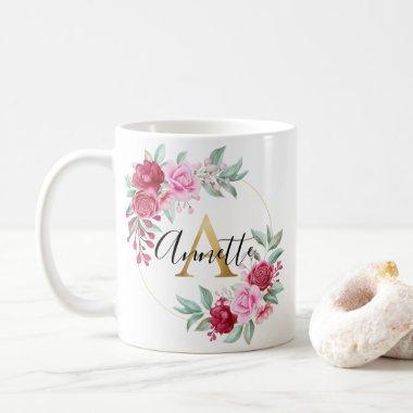 Red Pink Gold Watercolor Floral Monogram A Coffee Mug