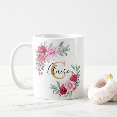 Red Pink Gold Watercolor Floral Monogram C Coffee Mug