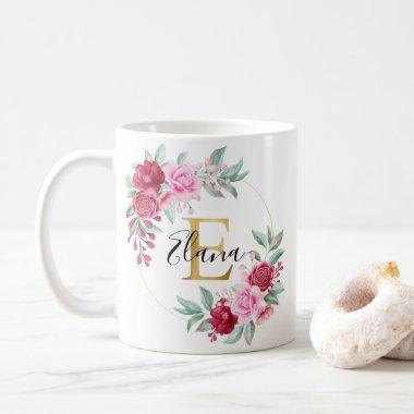 Red Pink Gold Watercolor Floral Monogram E Coffee Mug