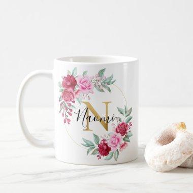 Red Pink Gold Watercolor Floral Monogram N Coffee Mug