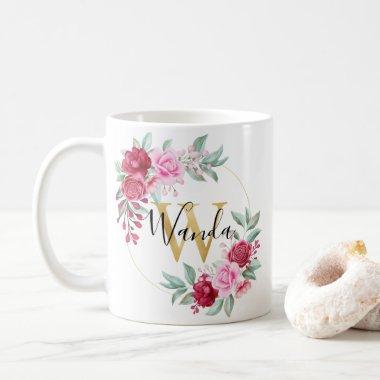 Red Pink Gold Watercolor Floral Monogram W Coffee Mug