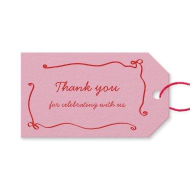 Red Pink Handwritten Bow Frame Thank you Gift Tags