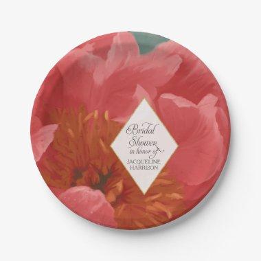 Red Pink Peony Floral Spring Bridal Shower Elegant Paper Plates