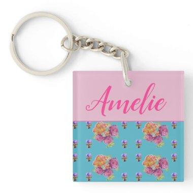 Red Pink Rose Shabby Chic Teal Aqua Floral Flower Keychain