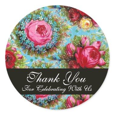 RED PINK ROSES AND BLUE FLOWERS Thank You Classic Round Sticker