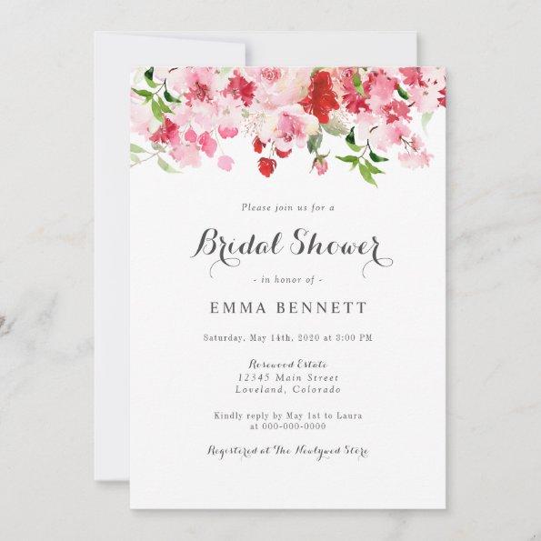 Red Pink Watercolor Floral Bridal Shower Invitations