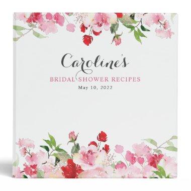 Red Pink Watercolor Roses Bridal Shower Recipe 3 Ring Binder