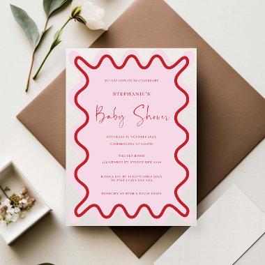 Red Pink Wavy Border Baby Shower Invitations