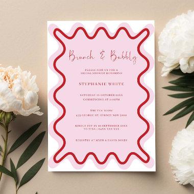 Red Pink Wavy Border Brunch and Bubbly Invitations