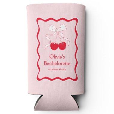 Red Pink Wavy Cherry On Top Bow Bachelorette Party Seltzer Can Cooler