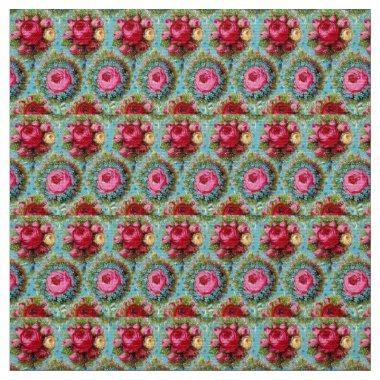 RED PINK YELLOW ROSES IN BLUE FABRIC