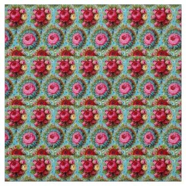 RED PINK YELLOW ROSES IN BLUE FABRIC