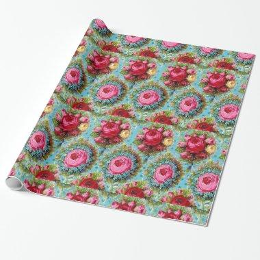 RED PINK YELLOW ROSES IN BLUE WRAPPING PAPER