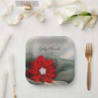Red Poinsettia and Pearls on Green Winter Wedding Paper Plates