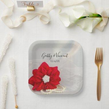 Red Poinsettia and White Pearls Wedding Paper Plates