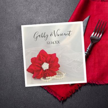 Red Poinsettia and White Pearls Winter Wedding Napkins