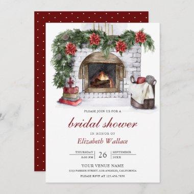 Red Poinsettia Fireplace Christmas Bridal Shower Invitations