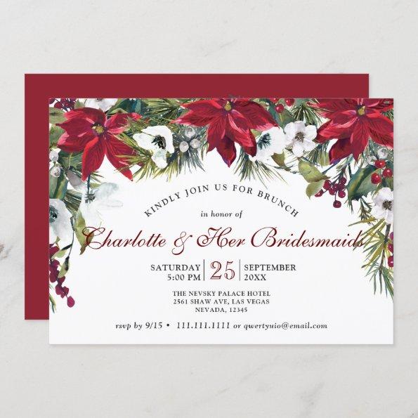 Red Poinsettia Floral Christmas Bridesmaids Brunch Invitations