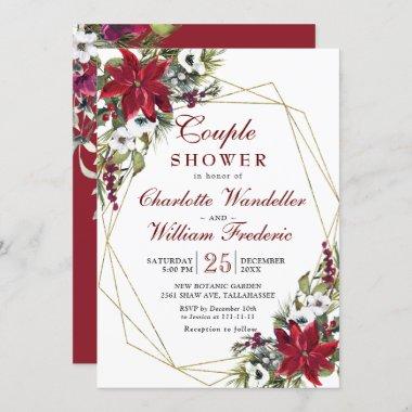 Red Poinsettia Floral Christmas Couple Shower Invitations