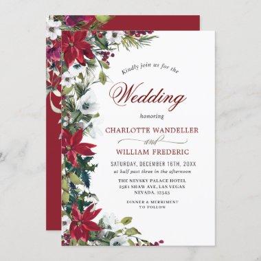 Red Poinsettia Floral Christmas Watercolor Wedding Invitations