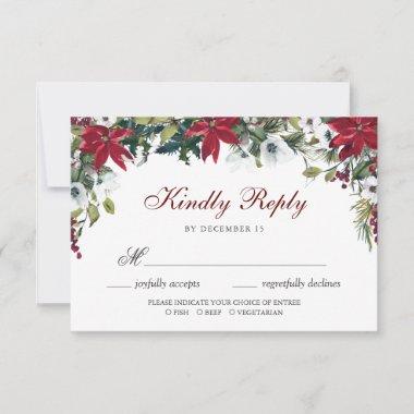 Red Poinsettia Floral  RSVP Card with Meal Choice