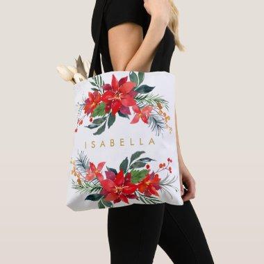 Red Poinsettia Floral Watercolor Bouquets Name Tote Bag