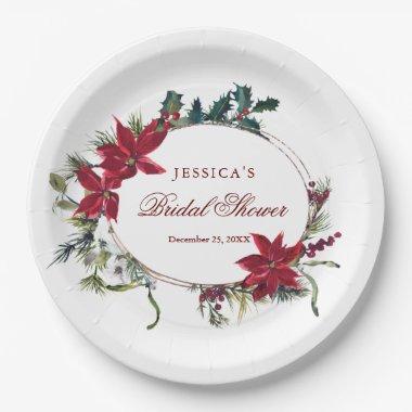 Red Poinsettia Floral Winter Bridal Shower Party Paper Plates