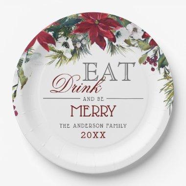 Red Poinsettia Floral Winter Christmas Party Paper Plates