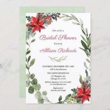 Red poinsettia greenery Christmas bridal shower Invitations