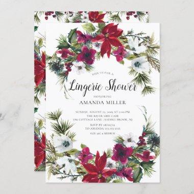 Red Poinsettia Holly Bridal Lingerie Shower Invitations