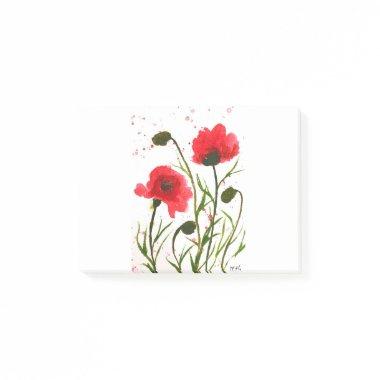 Red poppies flowers watercolor rustic chic post-it notes