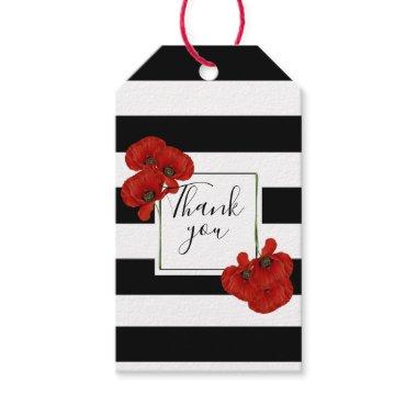 Red Poppies on Black & White Striped Background Gift Tags