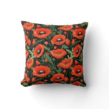 Red Poppies Red Flowers Floral Greenery Throw Pillow