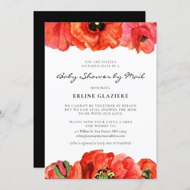 Red poppies watercolor Baby Shower by mail Invitations