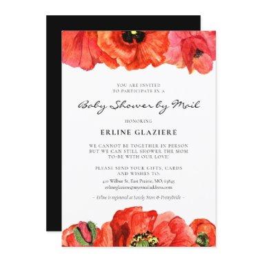 Red poppies watercolor Baby Shower by mail Invitations