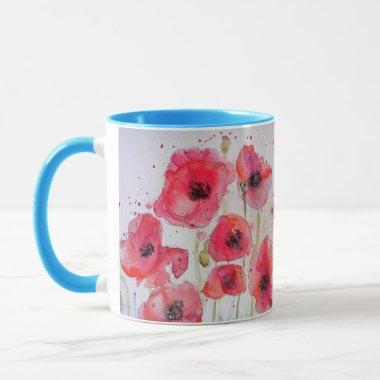 Red Poppies Watercolor Painting Mug blue