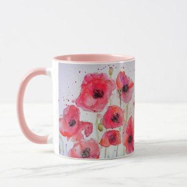 Red Poppies Watercolor Painting Mug Pink
