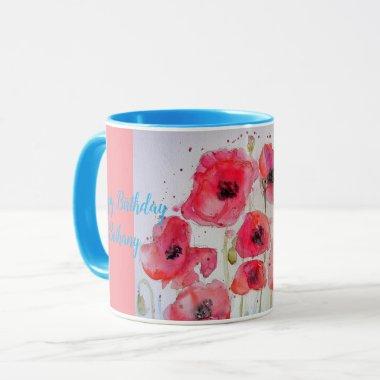 Red Poppies Watercolour Ladies Name Mug blue
