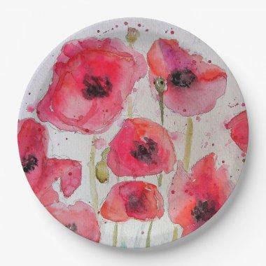 Red Poppy floral Flower Pattern Paper Party Plate